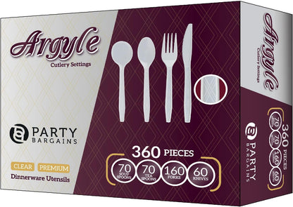 Party Bargains Disposable Cutlery set, SAPPHIRE Design, Clear Color, 360 Pieces: 180 Forks, 120 Spoons, 60 Knives