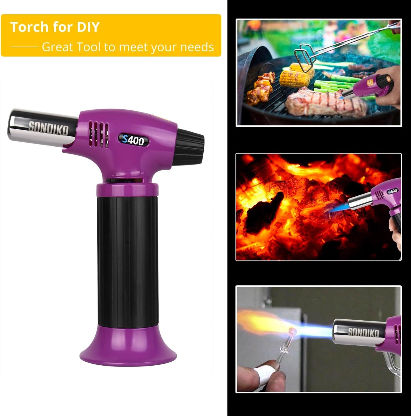 Sondiko Butane Torch S400, Refillable Kitchen Torch Lighter, Fit All Butane Tanks Blow Torch with Safety Lock and Adjustable Flame for Desserts, Creme Brulee, and Baking—Butane Gas Is Not Included