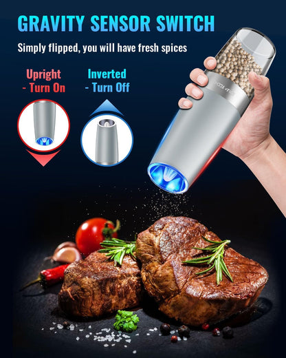 Sweet Alice Gravity Electric Pepper and Salt Grinder Set, Adjustable Coarseness, Battery Powered with LED Light, One Hand Automatic Operation, Stainless Steel Black, 2 Pack