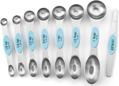 Spring Chef Magnetic Measuring Spoons Set with Strong N45 Magnets, Heavy Duty Stainless Steel Metal, Fits in Most Kitchen Spice Jars for Baking & Cooking, BPA Free, Black, Set of 8 with Leveler