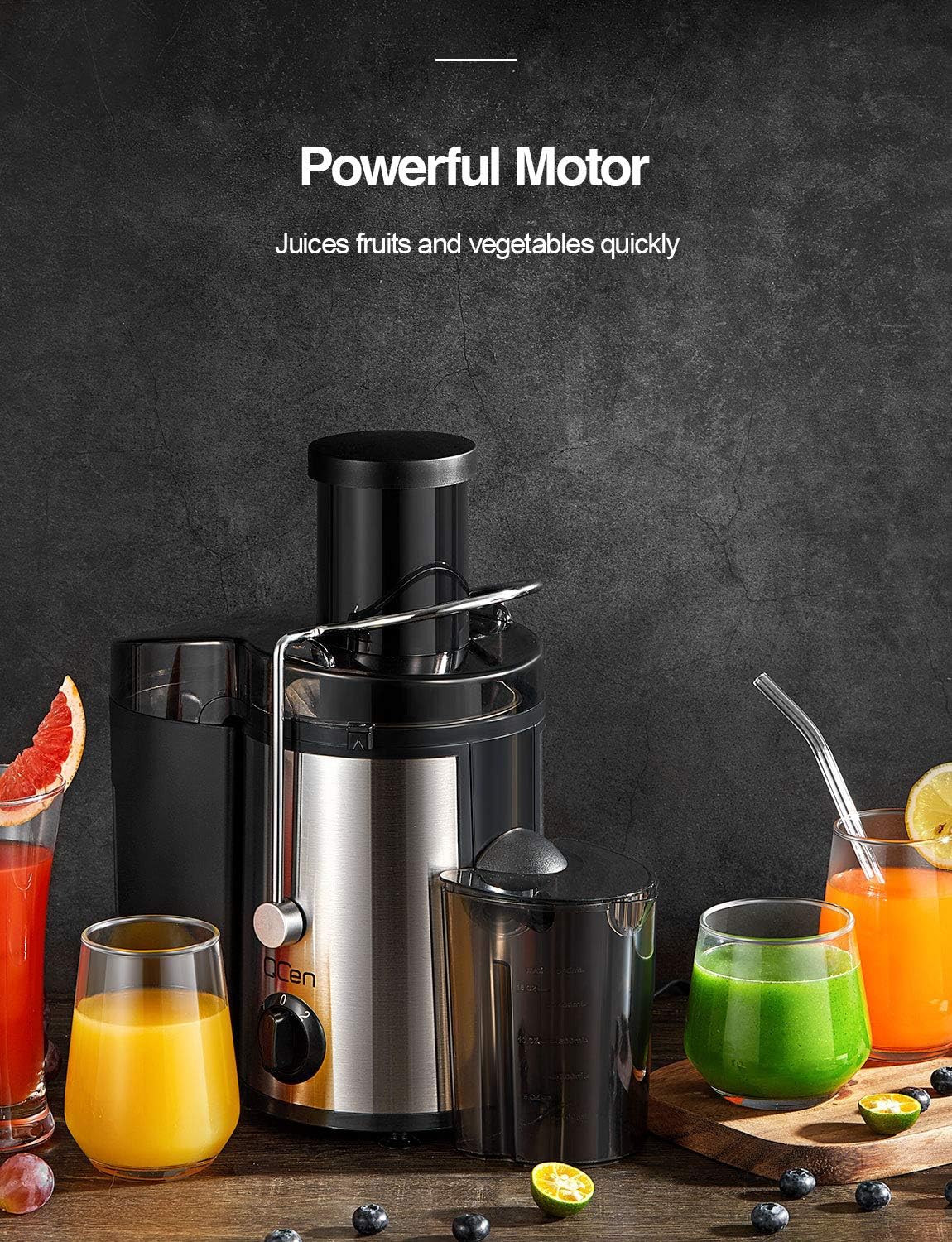 Qcen Juicer Machine, 800W Centrifugal Juicer Extractor with Wide Mouth 3” Feed Chute for Fruit Vegetable, Easy to Clean, Stainless Steel, BPA-free (Black)