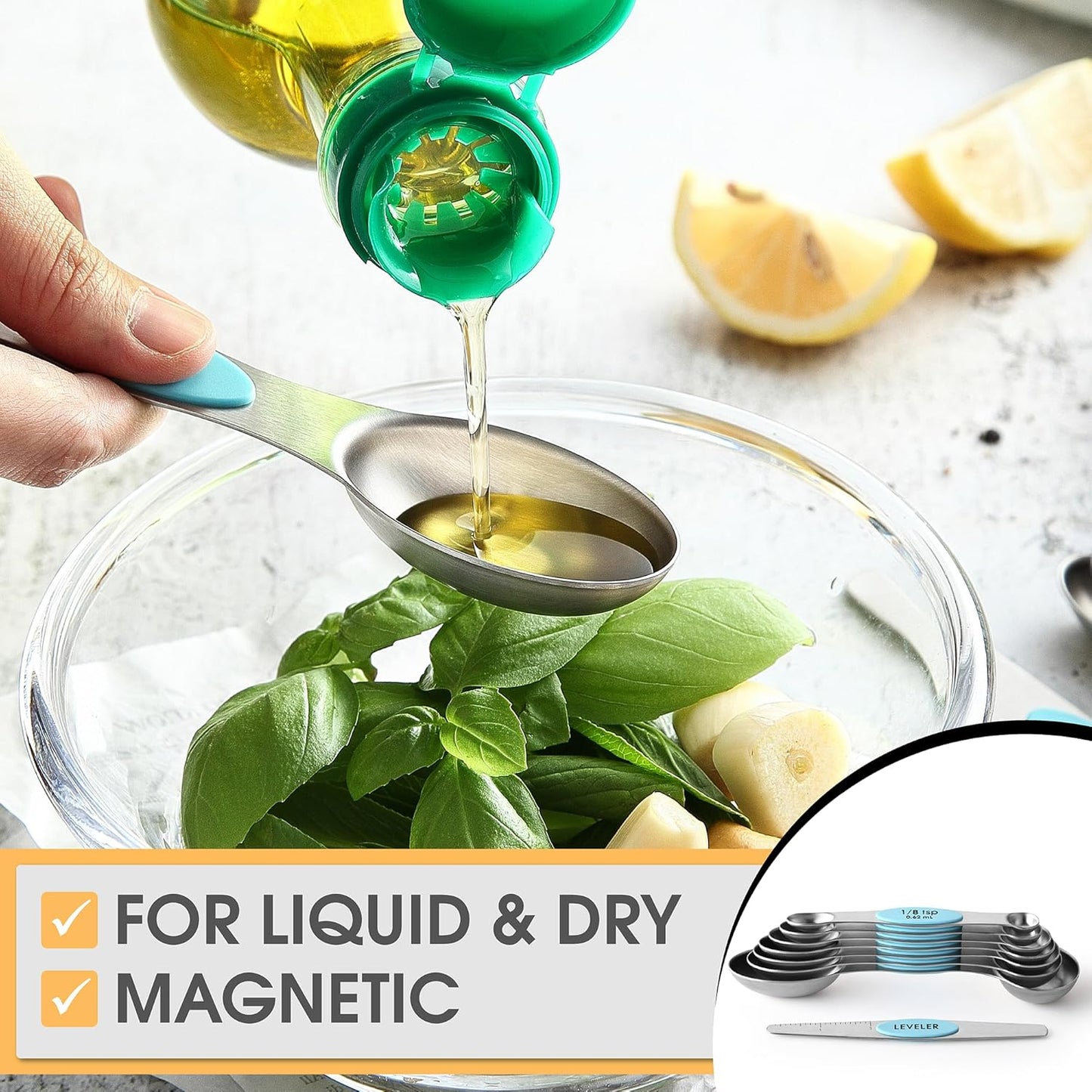 Spring Chef Magnetic Measuring Spoons Set with Strong N45 Magnets, Heavy Duty Stainless Steel Metal, Fits in Most Kitchen Spice Jars for Baking & Cooking, BPA Free, Black, Set of 8 with Leveler