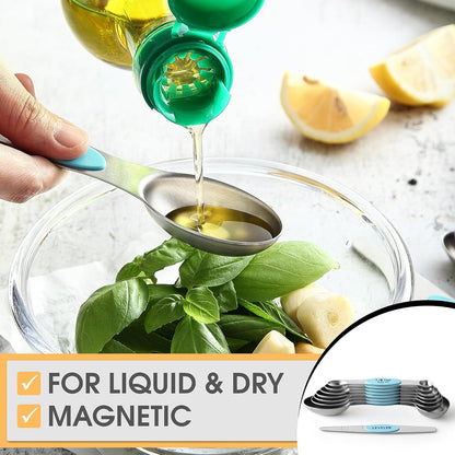 Spring Chef Magnetic Measuring Spoons Set with Strong N45 Magnets, Heavy Duty Stainless Steel Metal, Fits in Most Kitchen Spice Jars for Baking & Cooking, BPA Free, Black, Set of 8 with Leveler