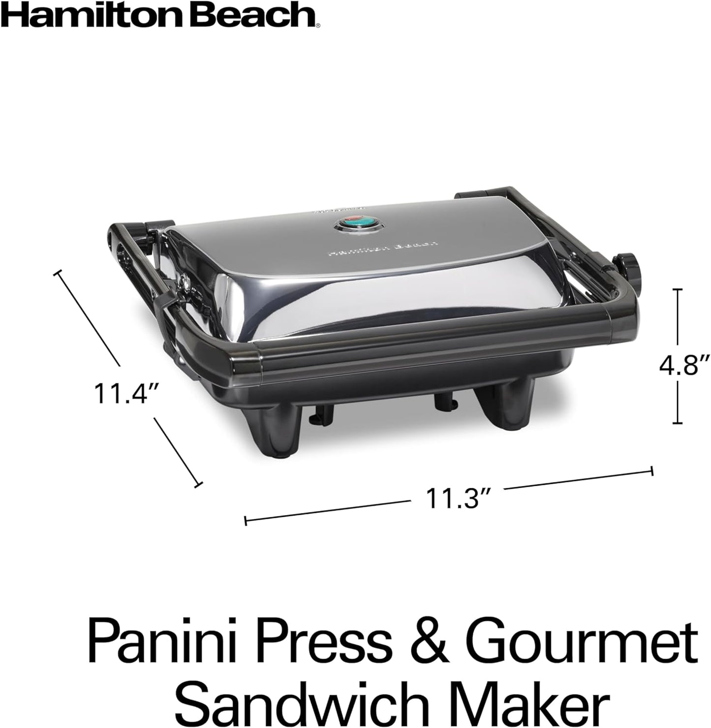 Hamilton Beach Panini Press Sandwich Maker & Electric Indoor Grill with Locking Lid, Opens 180 Degrees for any Thickness for Quesadillas, Burgers & More, Nonstick 8" x 10" Grids, Chrome (25460AG)