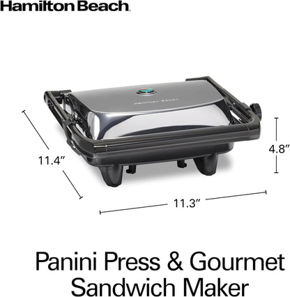Hamilton Beach Panini Press Sandwich Maker & Electric Indoor Grill with Locking Lid, Opens 180 Degrees for any Thickness for Quesadillas, Burgers & More, Nonstick 8" x 10" Grids, Chrome (25460AG)
