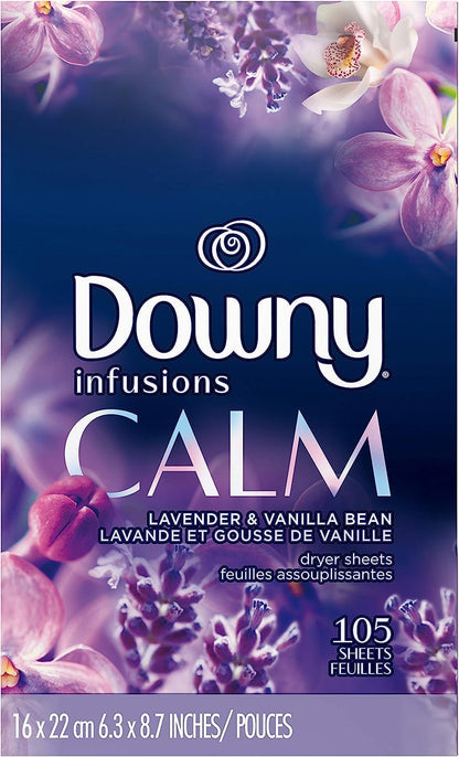 Downy Infusions Mega Dryer Sheets, Laundry Fabric Softener, CALM, Lavender and Vanilla Bean, 180 Count (3 box of 60 sheets)