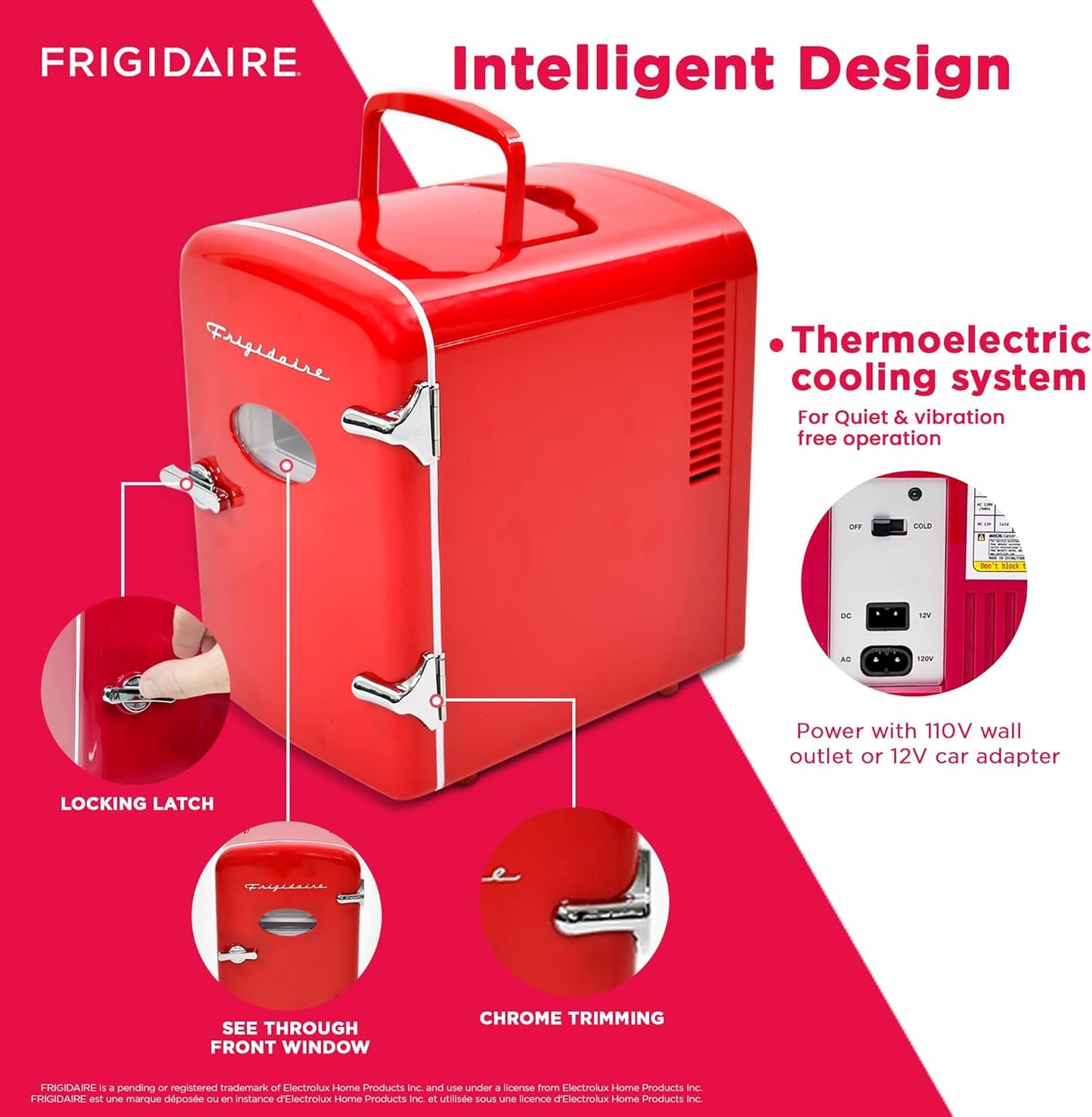 Frigidaire Retro Mini Fridge Cooler, 4L Capacity Chills 6 12oz Cans, 100% Freon-Free & Eco Friendly, Portable Fridge for Car, Office, Bedroom, Dorm Room, or Cabin - 9.84"D x 7.09"W x 10.35"H (Pink)