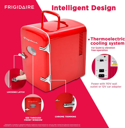 Frigidaire Retro Mini Fridge Cooler, 4L Capacity Chills 6 12oz Cans, 100% Freon-Free & Eco Friendly, Portable Fridge for Car, Office, Bedroom, Dorm Room, or Cabin - 9.84"D x 7.09"W x 10.35"H (Pink)