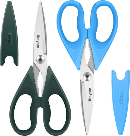 iBayam Kitchen Scissors All Purpose Heavy Duty Meat Poultry Shears, Dishwasher Safe Food Cooking Scissors Stainless Steel Utility Scissors, 2-Pack (Black Red, Black Gray)