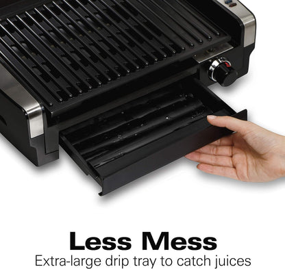 Hamilton Beach Electric Indoor Searing Grill with Viewing Window & Adjustable Temperature Control to 450F, 118 sq. in. Surface Serves 6, Removable Nonstick Grate, Stainless Steel
