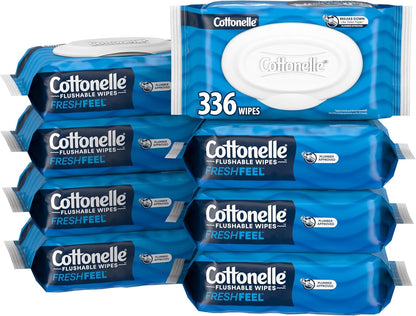 Cottonelle Fresh Feel Flushable Wet Wipes, Adult Wet Wipes, 8 Flip-Top Packs, 42 Wipes Per Pack (336 Total Wipes), Packaging May Vary