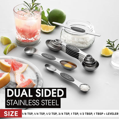Spring Chef Magnetic Measuring Spoons Set with Strong N45 Magnets, Heavy Duty Stainless Steel Metal, Fits in Most Kitchen Spice Jars for Baking & Cooking, BPA Free, Black, Set of 8 with Leveler