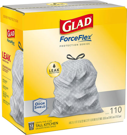 GLAD ForceFlex Tall Kitchen Drawstring Trash Bags, 13 Gallon Grey Trash Bag for Kitchen Trash Can, Odor Shield, Odor Eliminator and Leak Protection, 110 Count