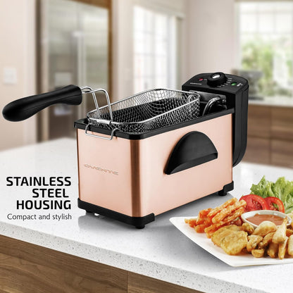 OVENTE Electric Deep Fryer 2 Liter Capacity, 1500 Watt Lid with Viewing Window and Odor Filter, Adjustable Temperature, Removable Frying Basket and Easy to Clean Stainless Steel Body, Silver FDM2201BR