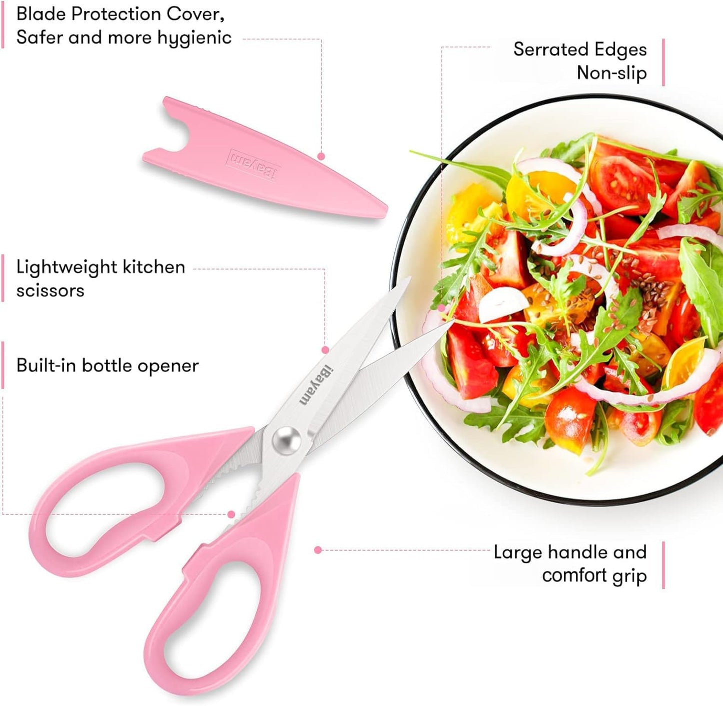 iBayam Kitchen Scissors All Purpose Heavy Duty Meat Poultry Shears, Dishwasher Safe Food Cooking Scissors Stainless Steel Utility Scissors, 2-Pack (Black Red, Black Gray)