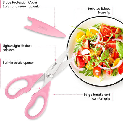 iBayam Kitchen Scissors All Purpose Heavy Duty Meat Poultry Shears, Dishwasher Safe Food Cooking Scissors Stainless Steel Utility Scissors, 2-Pack (Black Red, Black Gray)