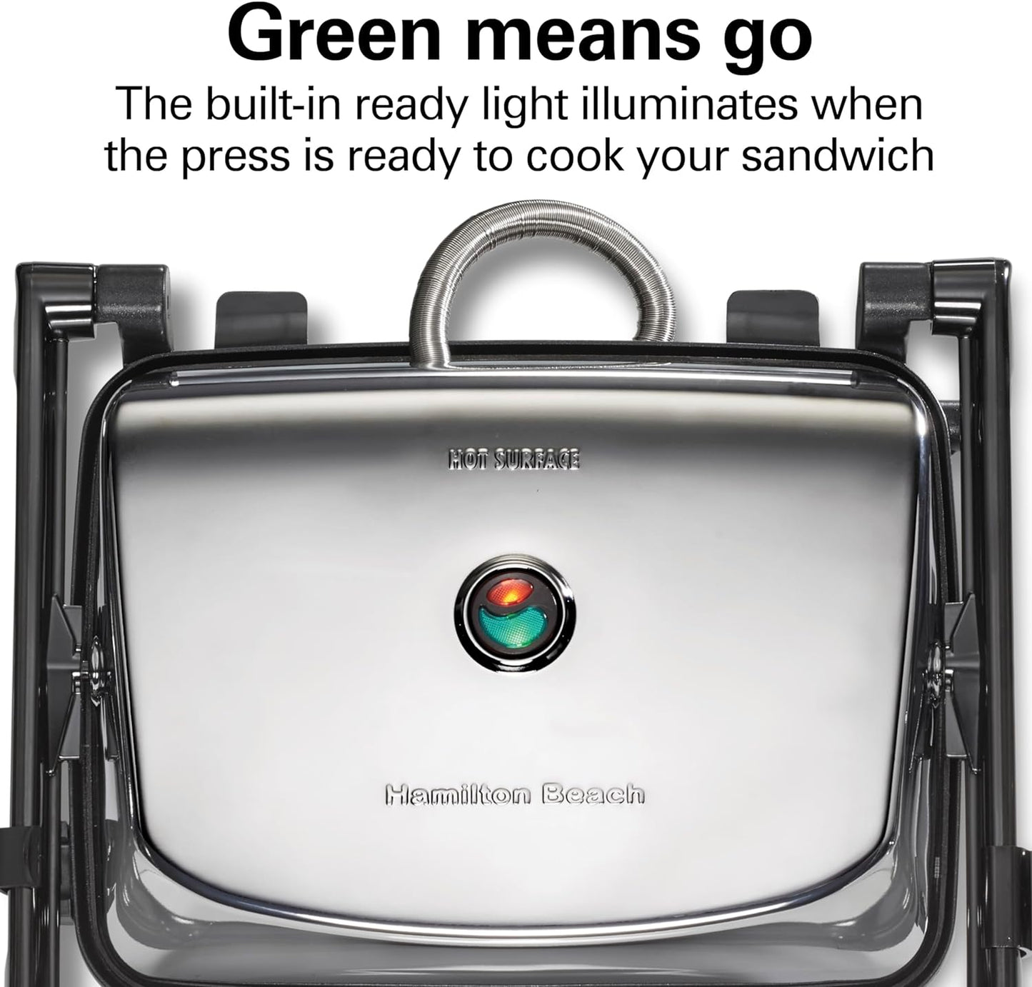 Hamilton Beach Panini Press Sandwich Maker & Electric Indoor Grill with Locking Lid, Opens 180 Degrees for any Thickness for Quesadillas, Burgers & More, Nonstick 8" x 10" Grids, Chrome (25460AG)