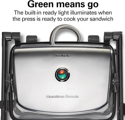 Hamilton Beach Panini Press Sandwich Maker & Electric Indoor Grill with Locking Lid, Opens 180 Degrees for any Thickness for Quesadillas, Burgers & More, Nonstick 8" x 10" Grids, Chrome (25460AG)