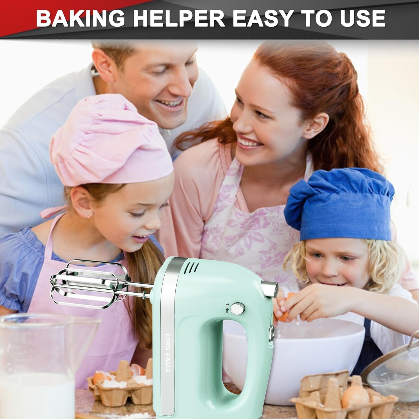 Lord Eagle Hand Mixer Electric, 400W Power handheld Mixer for Baking Cake Egg Cream Food Beater, Turbo Boost/Self-Control Speed + 5 Speed + Eject Button + 5 Stainless Steel Accessories (White)