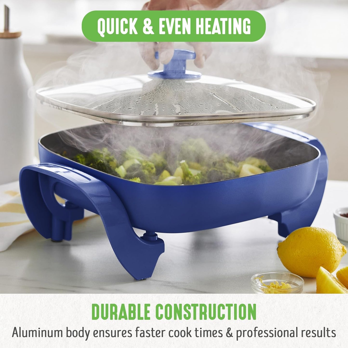 GreenLife 12" 5QT Square Electric Skillet, Glass Vented Lid, Ceramic PFAS-Free Nonstick Interior, Adjustable Temperature Control, Cool Touch Handles, Quick Even Heating, Scratch Resistant, Turquoise