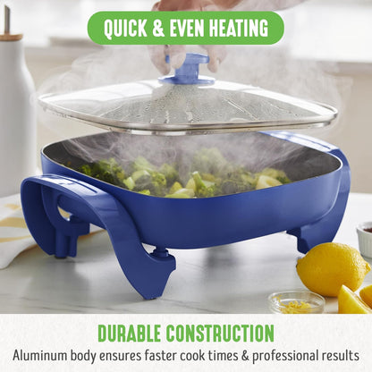 GreenLife 12" 5QT Square Electric Skillet, Glass Vented Lid, Ceramic PFAS-Free Nonstick Interior, Adjustable Temperature Control, Cool Touch Handles, Quick Even Heating, Scratch Resistant, Turquoise