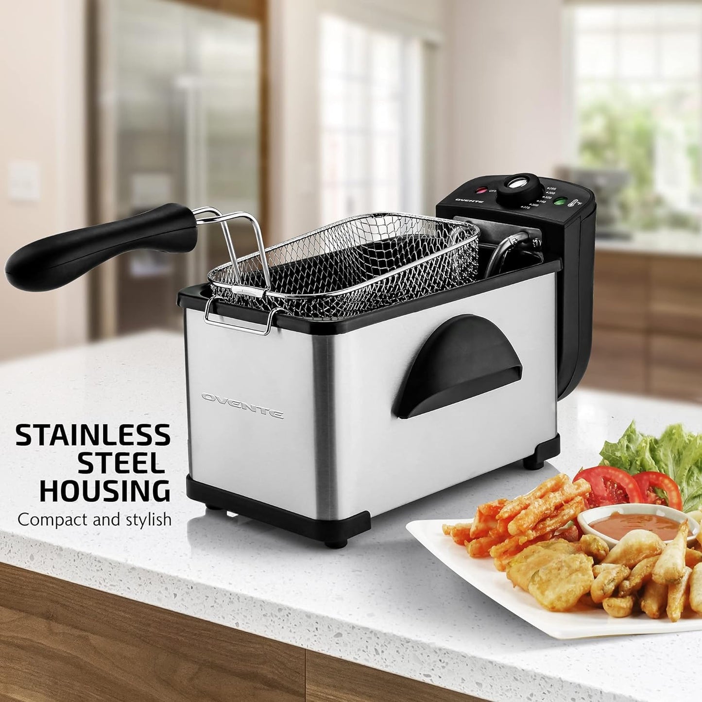 OVENTE Electric Deep Fryer 2 Liter Capacity, 1500 Watt Lid with Viewing Window and Odor Filter, Adjustable Temperature, Removable Frying Basket and Easy to Clean Stainless Steel Body, Silver FDM2201BR