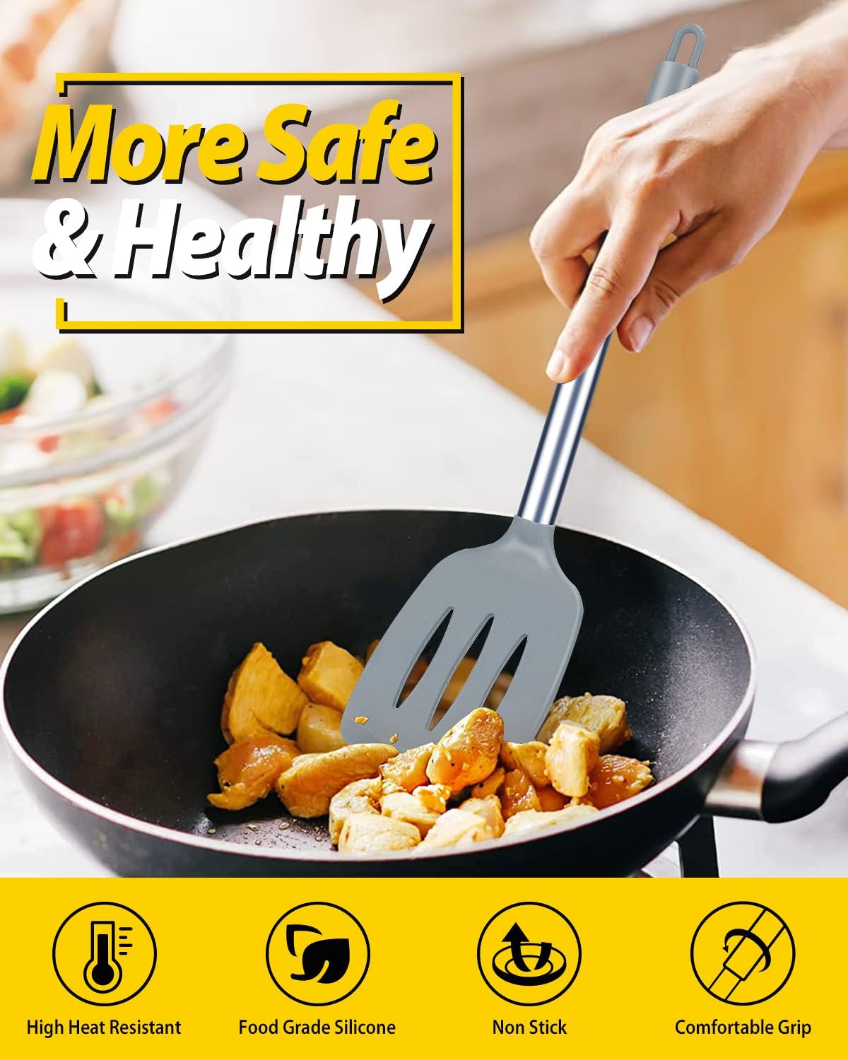 Pack of 2 Silicone Solid Turner,Non Stick Slotted Kitchen Spatulas,High Heat Resistant BPA Free Cooking Utensils,Ideal Cookware for Fish,Eggs,Pancakes (Black)