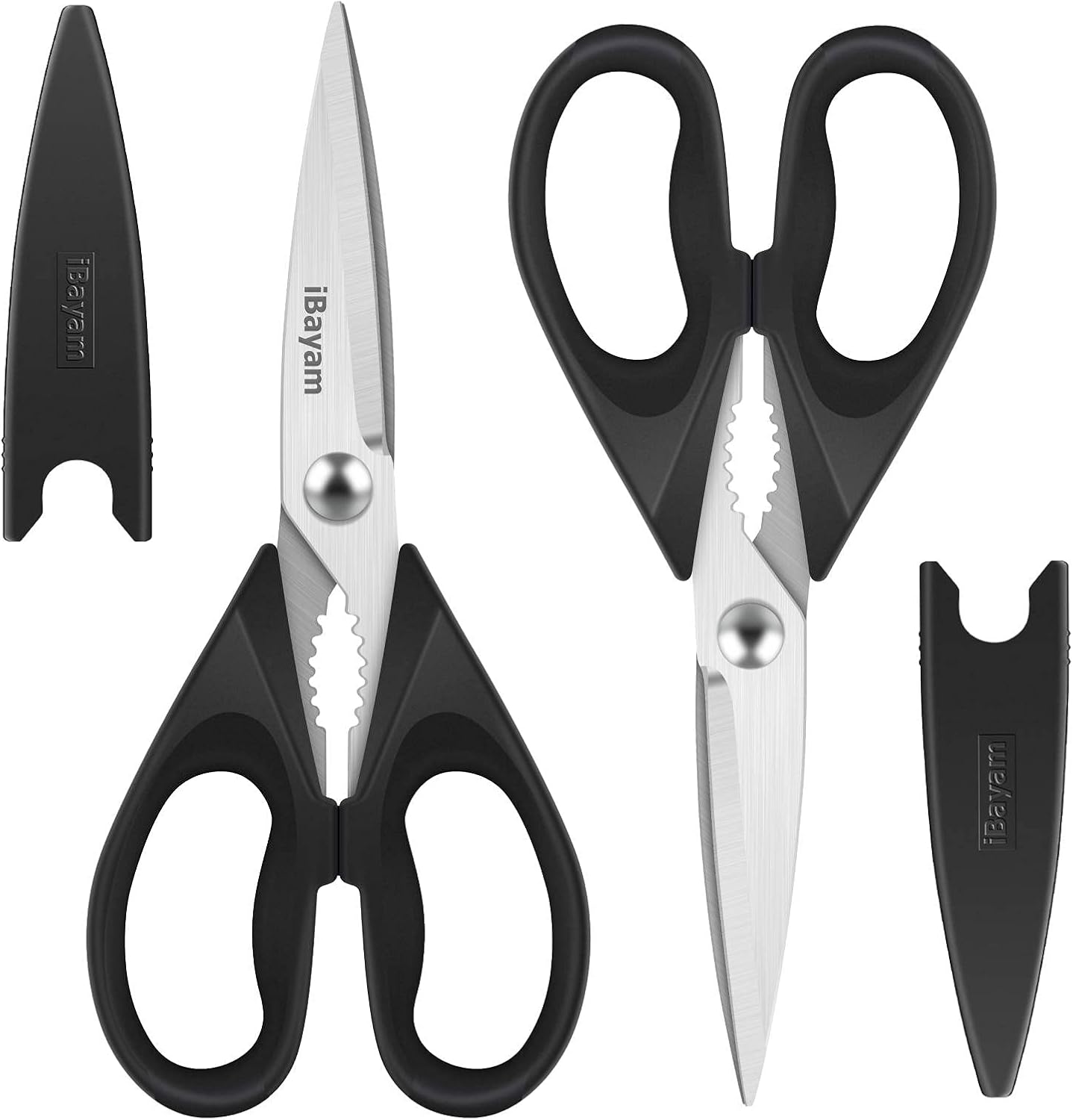 iBayam Kitchen Scissors All Purpose Heavy Duty Meat Poultry Shears, Dishwasher Safe Food Cooking Scissors Stainless Steel Utility Scissors, 2-Pack (Black Red, Black Gray)