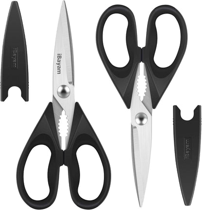 iBayam Kitchen Scissors All Purpose Heavy Duty Meat Poultry Shears, Dishwasher Safe Food Cooking Scissors Stainless Steel Utility Scissors, 2-Pack (Black Red, Black Gray)
