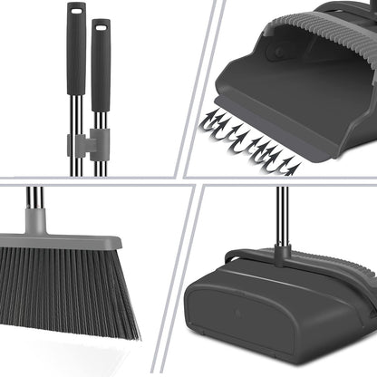 kelamayi Upgrade Stand Up Broom and Dustpan Set, Self-Cleaning with Dustpan Teeth, Ideal for Dog Cat Pets Home Use, Super Long Handle (Gray&Orange)