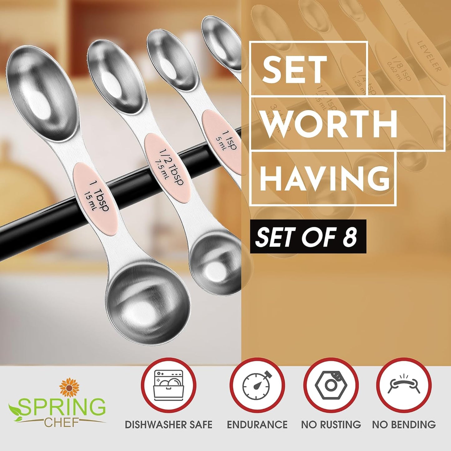 Spring Chef Magnetic Measuring Spoons Set with Strong N45 Magnets, Heavy Duty Stainless Steel Metal, Fits in Most Kitchen Spice Jars for Baking & Cooking, BPA Free, Black, Set of 8 with Leveler