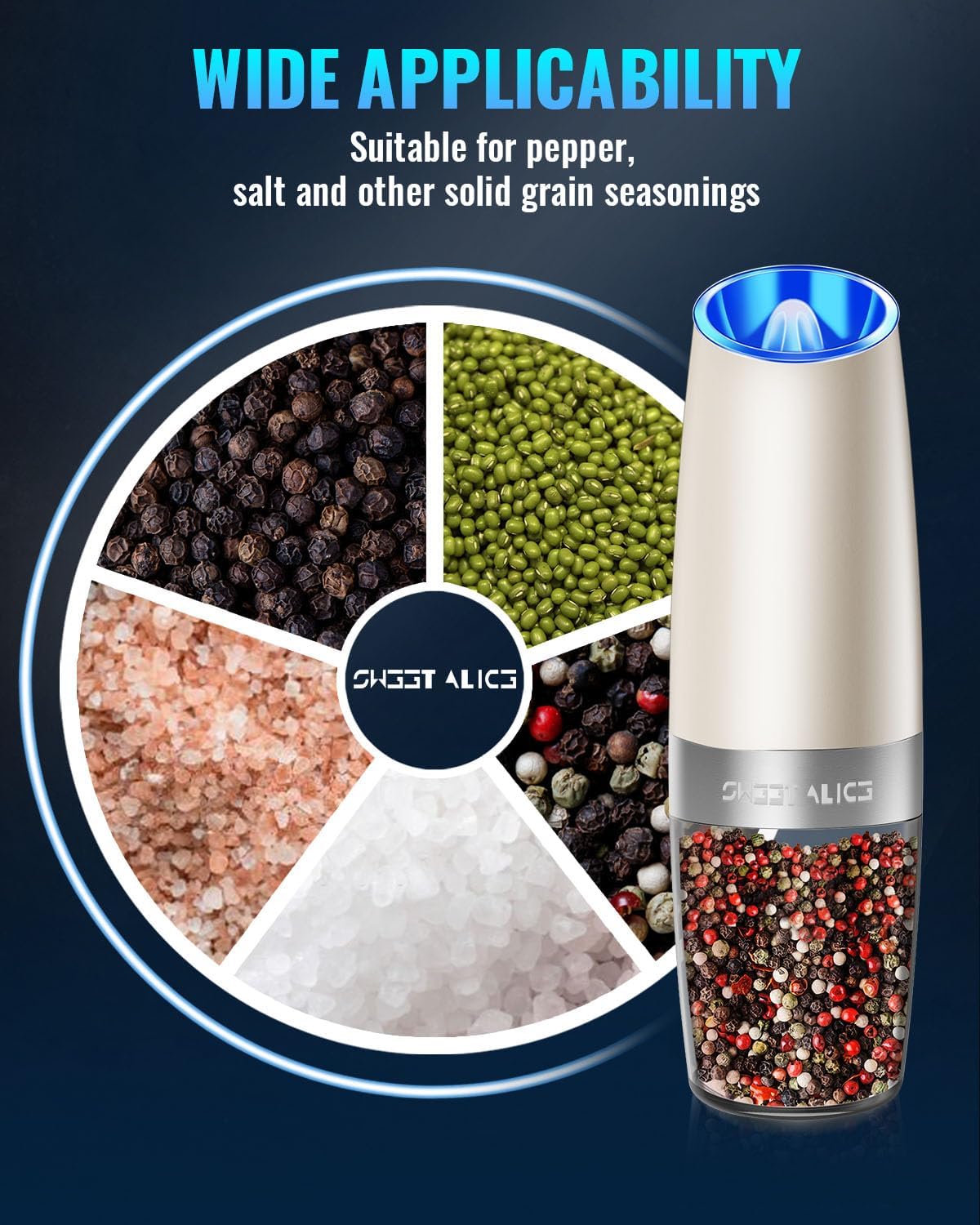 Sweet Alice Gravity Electric Pepper and Salt Grinder Set, Adjustable Coarseness, Battery Powered with LED Light, One Hand Automatic Operation, Stainless Steel Black, 2 Pack
