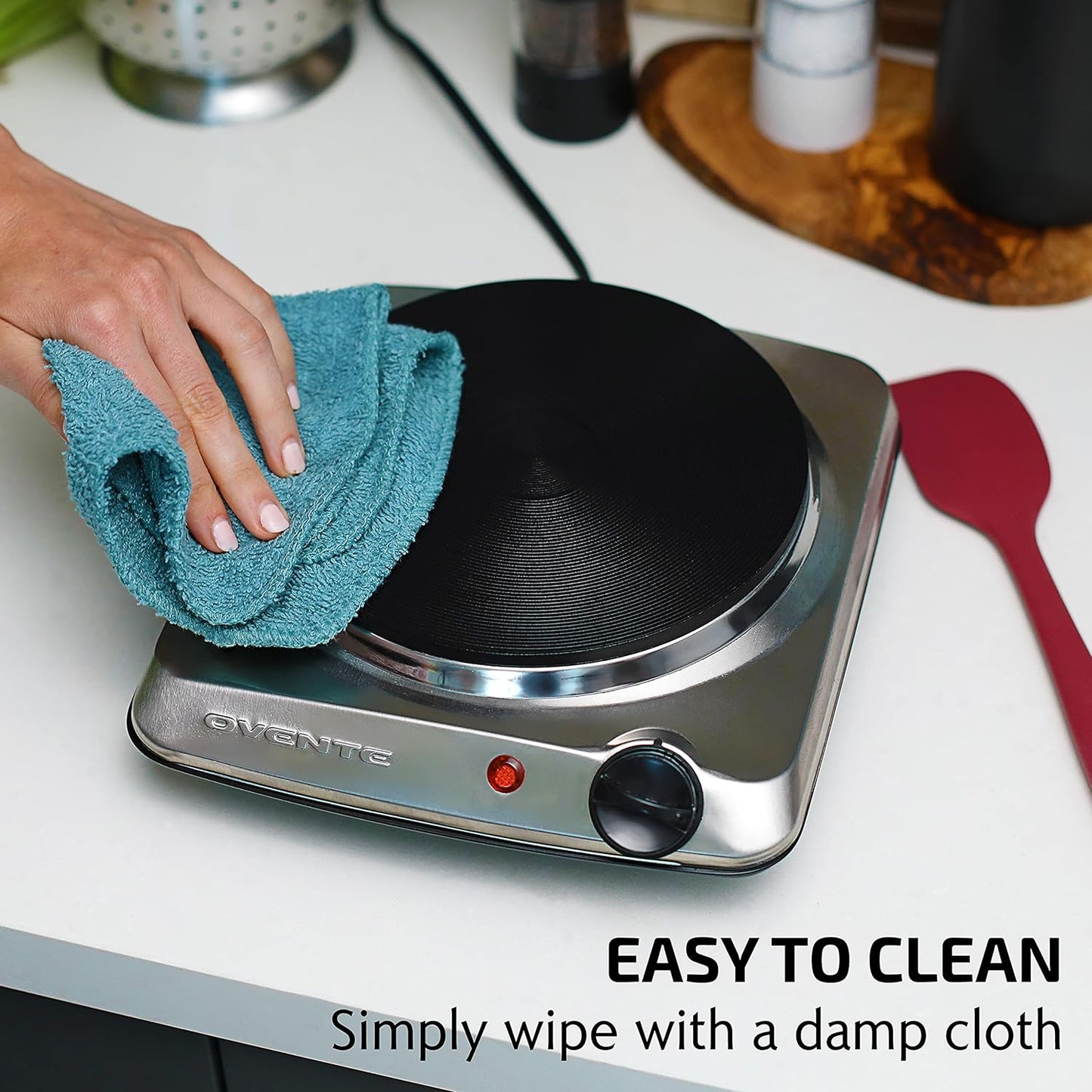 OVENTE Electric Countertop Double Burner, 1700W Cooktop with 7.25" and 6.10" Cast Iron Hot Plates, Temperature Control, Portable Cooking Stove and Easy to Clean Stainless Steel Base, Black BGS102B