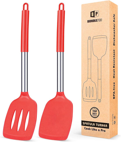 Pack of 2 Silicone Solid Turner,Non Stick Slotted Kitchen Spatulas,High Heat Resistant BPA Free Cooking Utensils,Ideal Cookware for Fish,Eggs,Pancakes (Black)