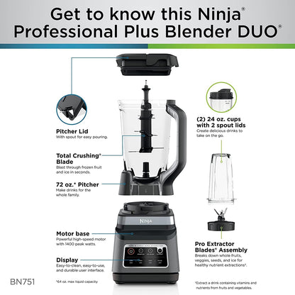Ninja BN701 Professional Plus Blender, 1400 Peak Watts, 3 Functions for Smoothies, Frozen Drinks & Ice Cream with Auto IQ, 72-oz.* Total Crushing Pitcher & Lid, Dark Grey