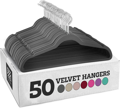 Zober Velvet Hangers 50 Pack - Heavy Duty Black Hangers for Coats, Pants & Dress Clothes - Non Slip Clothes Hanger Set - Space Saving Felt Hangers for Clothing
