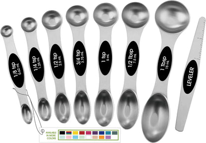 Spring Chef Magnetic Measuring Spoons Set with Strong N45 Magnets, Heavy Duty Stainless Steel Metal, Fits in Most Kitchen Spice Jars for Baking & Cooking, BPA Free, Black, Set of 8 with Leveler