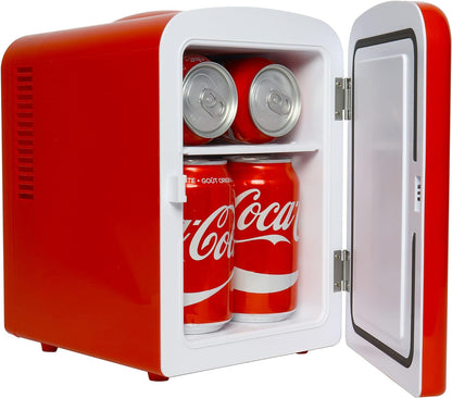 Coca-Cola Classic Coke Bottle 4L Mini Fridge w/ 12V DC and 110V AC Cords, 6 Can Portable Cooler, Personal Travel Refrigerator for Snacks Lunch Drinks Cosmetics, Desk Home Office Dorm, Red