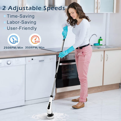Cordless Electric Spin Scrubber,Cleaning Brush Scrubber for Home, 400RPM/Mins-8 Replaceable Brush Heads-90Mins Work Time,3 Adjustable Size,2 Adjustable Speeds for Bathroom Shower Bathtub Glass Car