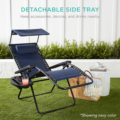 Folding Zero Gravity Outdoor Recliner Patio Lounge Chair w/Adjustable Canopy Shade, Headrest, Side Accessory Tray, Textilene Mesh - Beige