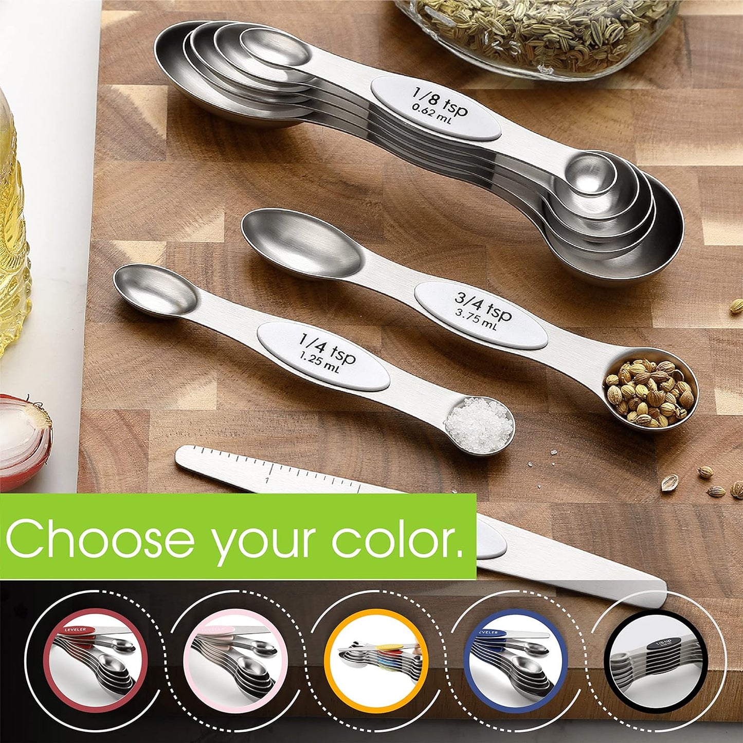 Spring Chef Magnetic Measuring Spoons Set with Strong N45 Magnets, Heavy Duty Stainless Steel Metal, Fits in Most Kitchen Spice Jars for Baking & Cooking, BPA Free, Black, Set of 8 with Leveler