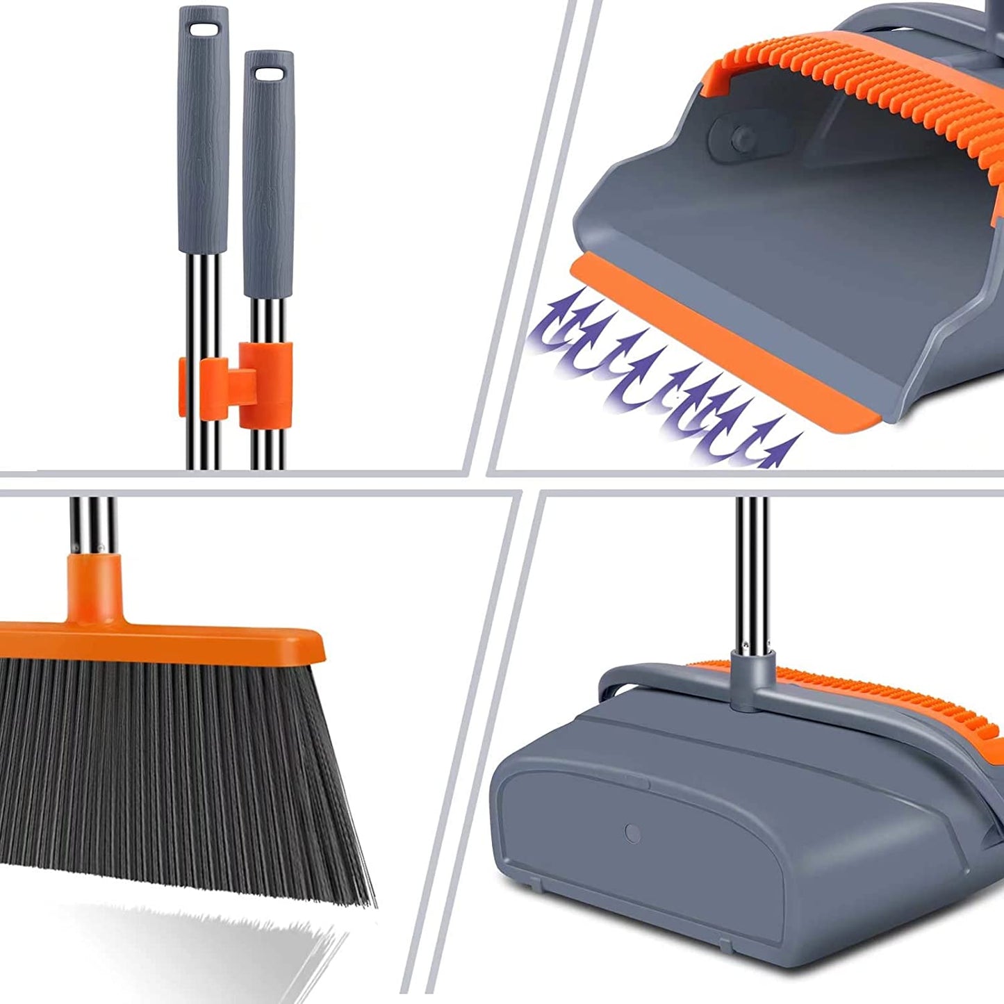 Upgrade Broom and Dustpan Set, Self-Cleaning with Dustpan Teeth, Ideal for Dog Cat Pets Home Use, Super Long Handle Upright Stand Up Broom and Dustpan Set (Gray&Orange)