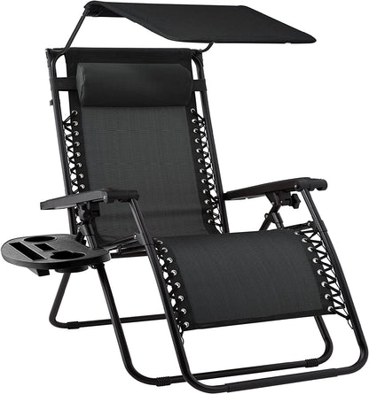 Folding Zero Gravity Outdoor Recliner Patio Lounge Chair w/Adjustable Canopy Shade, Headrest, Side Accessory Tray, Textilene Mesh - Beige