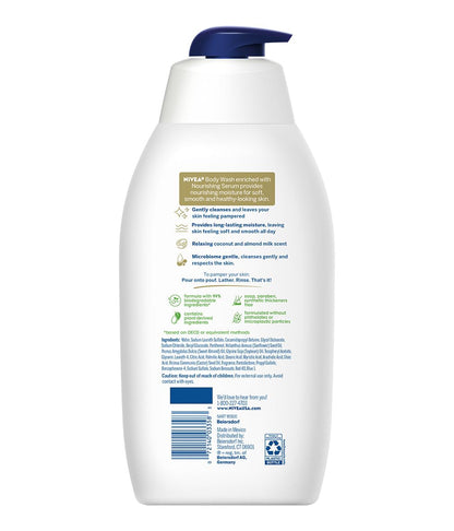 NIVEA Coconut and Almond Milk Pampering Body Wash, Moisturizing Body Wash with Nourishing Serum, Plant-Derived Oils, Essential Skin Lipids and Vitamins, 20 Fl Oz Bottle