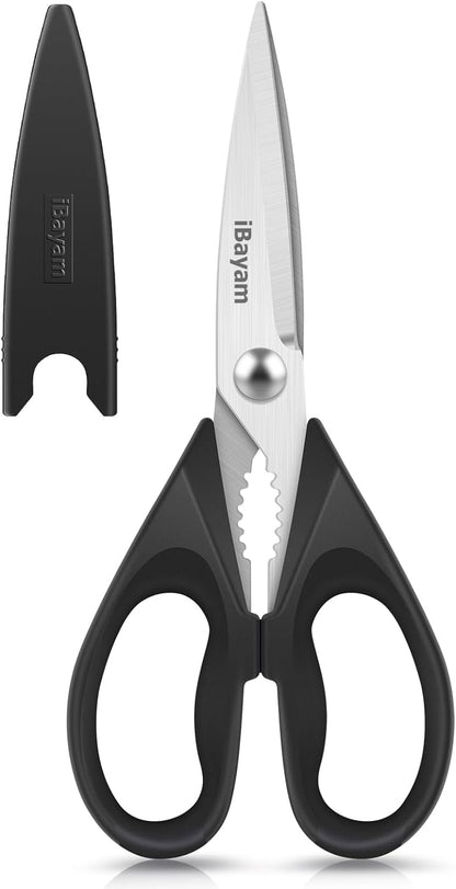 iBayam Kitchen Scissors All Purpose Heavy Duty Meat Poultry Shears, Dishwasher Safe Food Cooking Scissors Stainless Steel Utility Scissors, 2-Pack (Black Red, Black Gray)