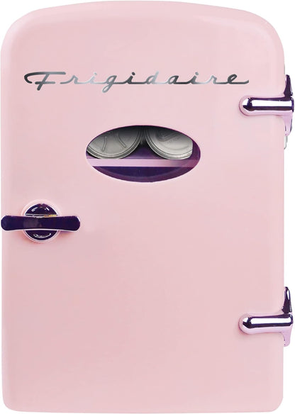 Frigidaire Retro Mini Fridge Cooler, 4L Capacity Chills 6 12oz Cans, 100% Freon-Free & Eco Friendly, Portable Fridge for Car, Office, Bedroom, Dorm Room, or Cabin - 9.84"D x 7.09"W x 10.35"H (Pink)