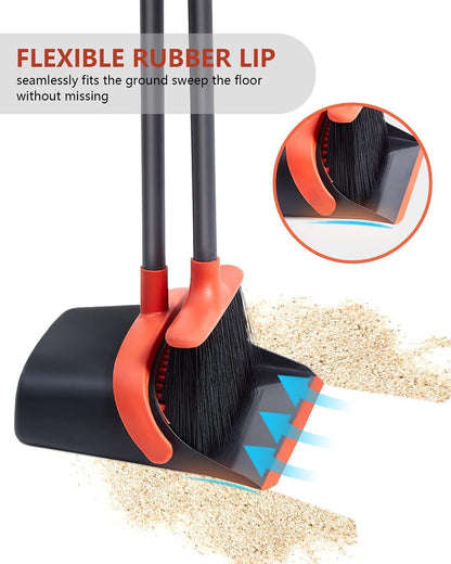 Broom with Dustpan Combo Set, Upgrade Broom and Dustpan Set for Home, 52'' Long Handle Broom and Dustpan Set, Standing Dustpan and Broom for Kitchen Office Lobby Floor