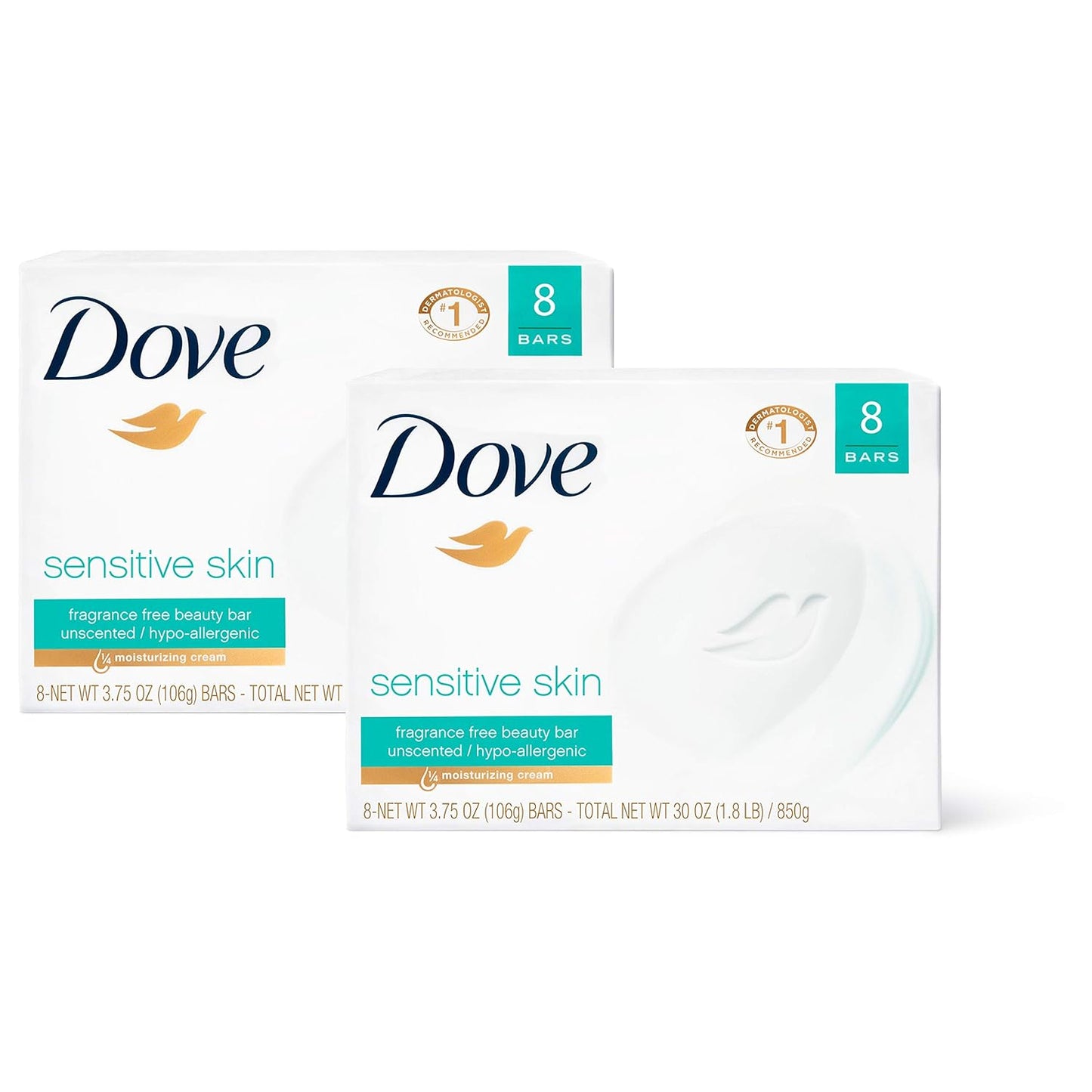 Dove Beauty Bar More Moisturizing Than Bar Soap for Softer Skin, Fragrance-Free, Hypoallergenic Beauty Bar Sensitive Skin With Gentle Cleanser 3.75 oz 14 Bars