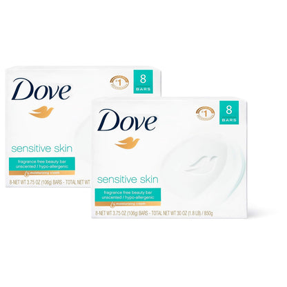 Dove Beauty Bar More Moisturizing Than Bar Soap for Softer Skin, Fragrance-Free, Hypoallergenic Beauty Bar Sensitive Skin With Gentle Cleanser 3.75 oz 14 Bars