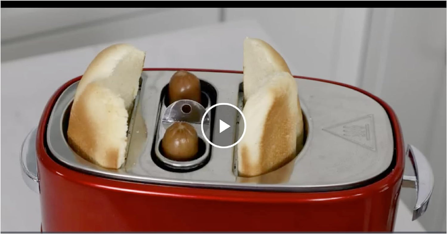 Nostalgia 2 Slot Hot Dog and Bun Toaster with Mini Tongs, Retro Toaster, Cooker that Works Chicken, Turkey, Veggie Links, Sausages Brats, Metallic Red